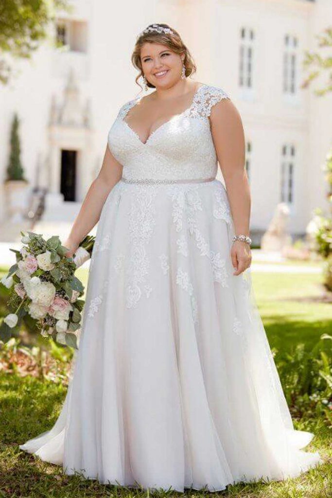 Stella York 6391 Romantic Lace Plus size Wedding Dress With Cameo Back Taffeta Lace